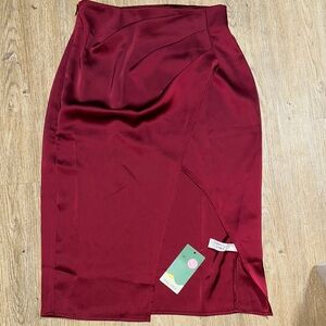 High Waisted Side Invisible Zipper Ruched Tulip Hem Satin-Like Midi Party Skirt